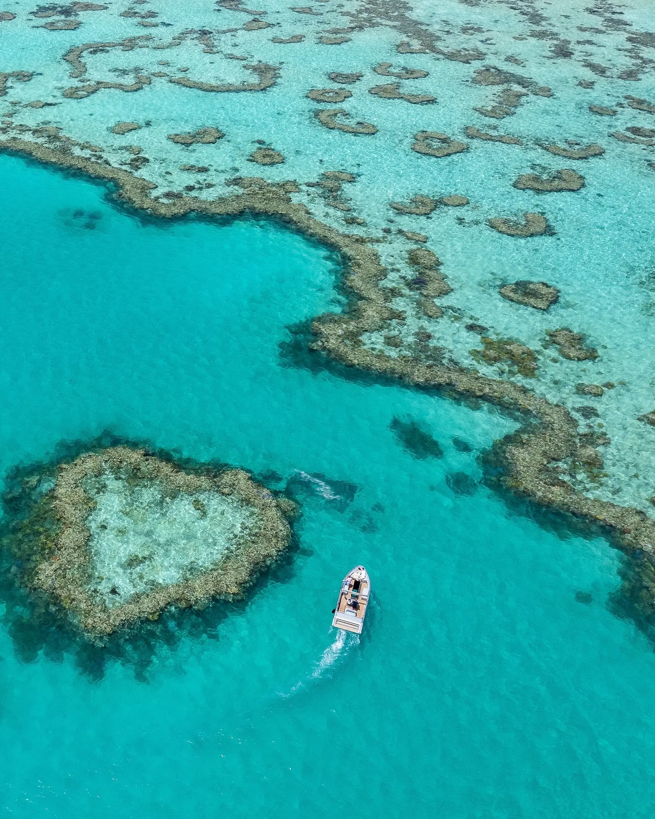 Aerial view of coral reefs on the Great Barrier Reef, including Heart Reef, and surrounding water on the Whitsunday Coast. Image credit: Tourism and Events Queensland