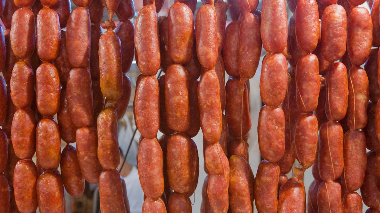 Hanging strings of longganisa, Filipino sausages. Image credit: stock.adobe.com