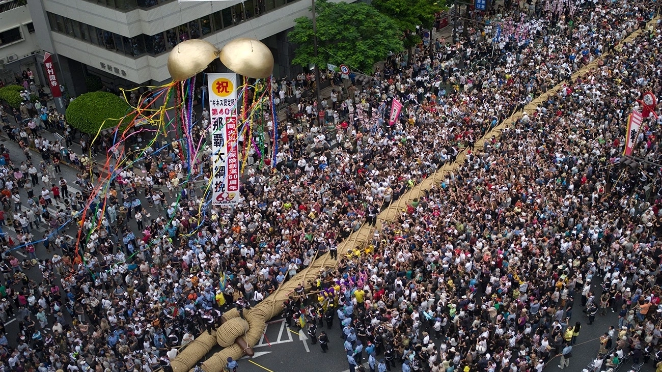 A huge crowd gathers at the Naha Tug of War Festival in Okinawa, Japan.