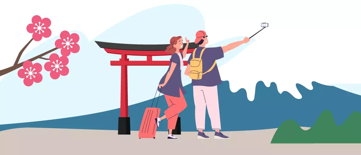 Cartoon-style illustration of tourist couple in Japan. She has a suitcase, he has a phone on a selfie stick. Enjoy your trip with Jetstar travel insurance