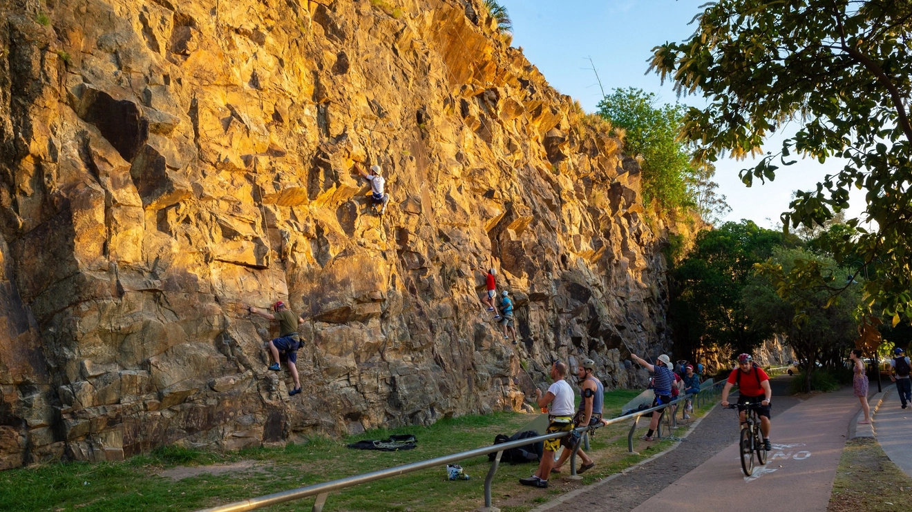 Climbers scale the craggy Kangaroo Point cliff face as others look on. Image credit: Shutterstock