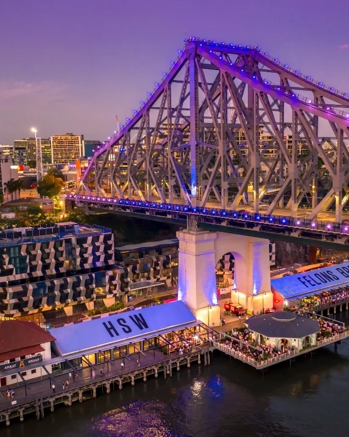 Aerial view of Howard Smith Wharves, Story Bridge and Brisbane River at night. Image credit: Richard Greenwood/Tourism and Events Queensland