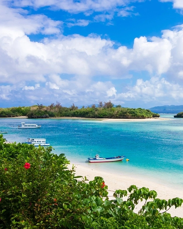 Okinawa's main island features white sand and azure blue sea.