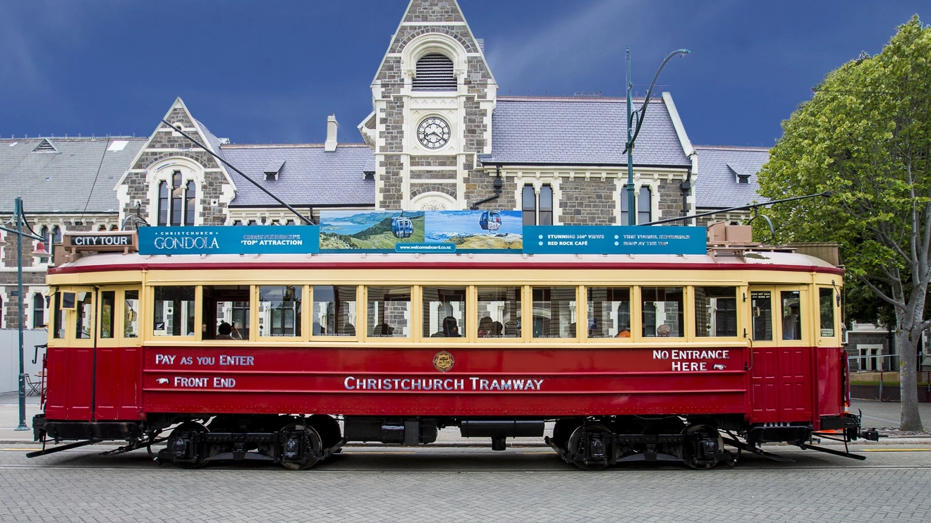 The Christchurch Tram in front of the Arts Centre, Christchurch, New Zealand. Image credit: ChristchurchNZ