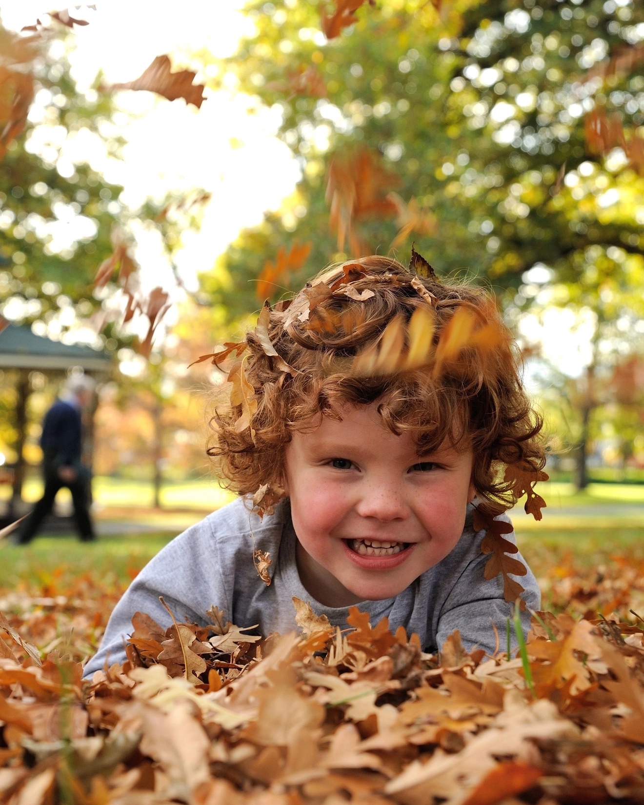 Young child lying in autumn leaves at City Park, Launceston. Image credit: Tourism Tasmania/Chris Crerar