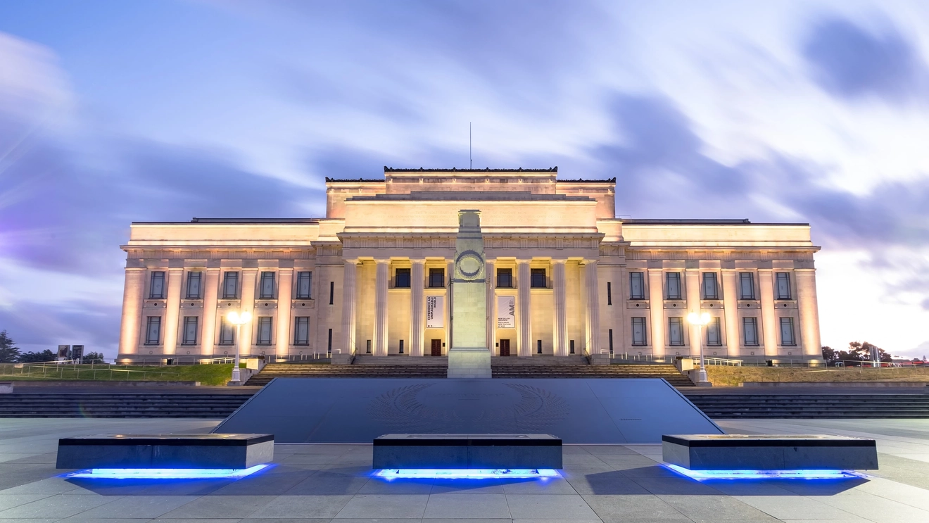 Auckland Museum at night with cenotaph in foreground, Auckland, New Zealand. Image credit: stock.adobe.com